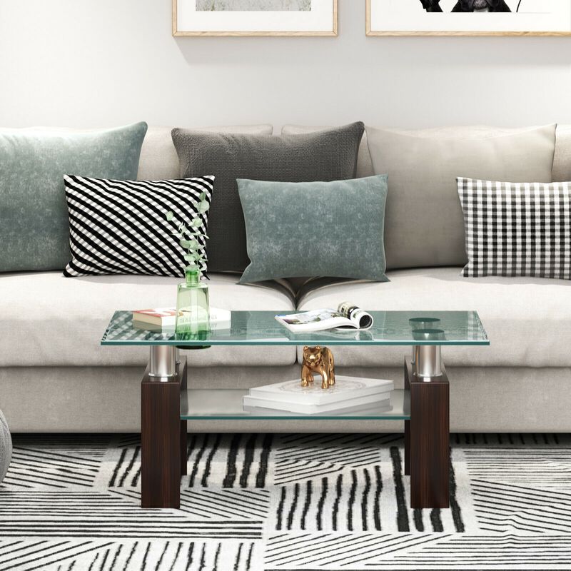 Rectangle Glass Coffee Table with Metal Legs for Living Room