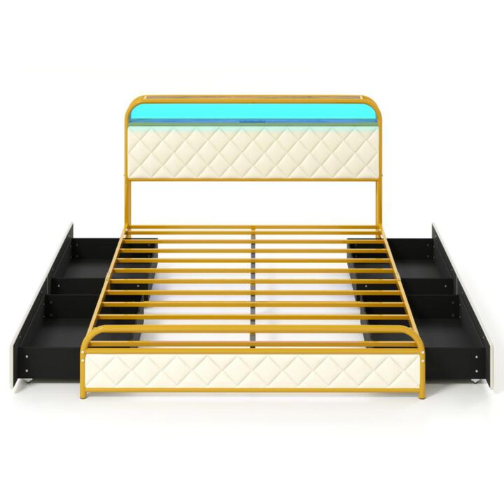 Hivvago Queen Size Bed Frame with LED Lights and Charging Station Gold