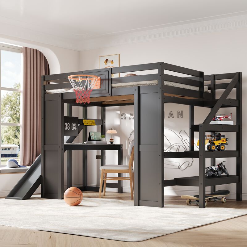 Merax Full Size White Wooden Loft Bed with Staircase Desk, Slide & Basketball image number 3