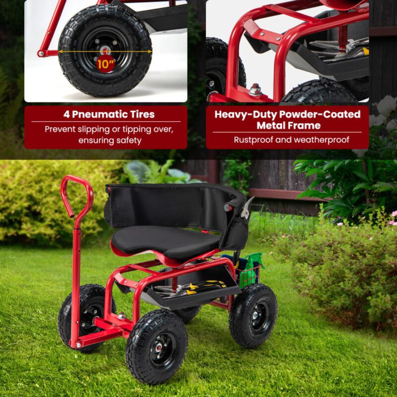 Hivvago Cushioned Rolling Garden Cart Scooter with Storage Basket and Tool Pouch