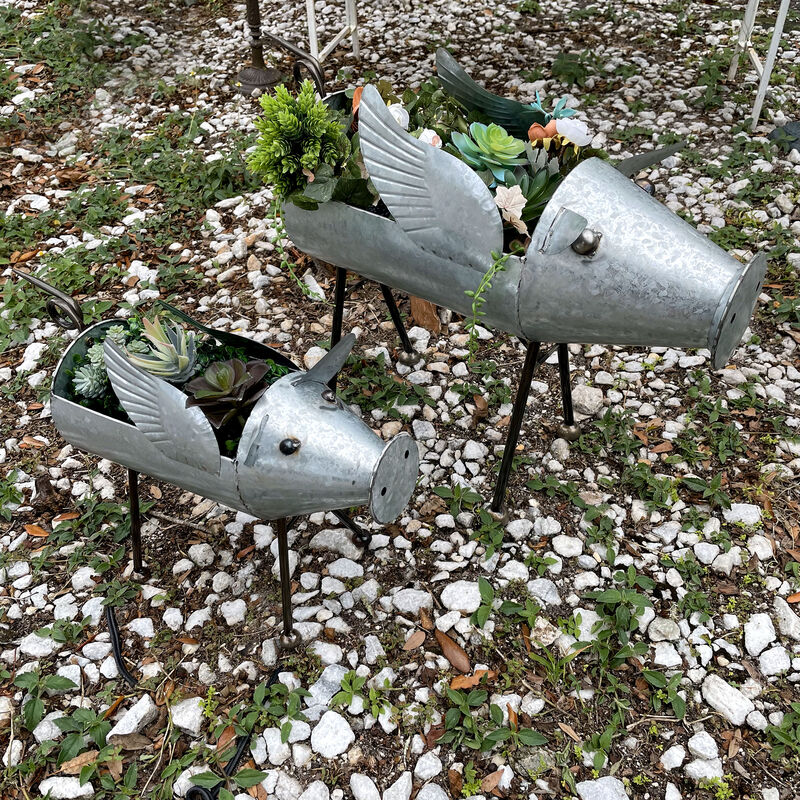 Set of 2 Flying Pig Planters - Distressed Metal - Whimsical Farmhouse Decor image number 8