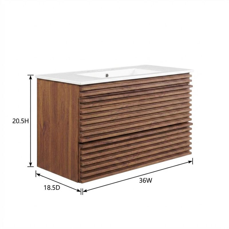 Walnut White 36-Inch Wall-Mount Bathroom Vanity with Ceramic Sink image number 2