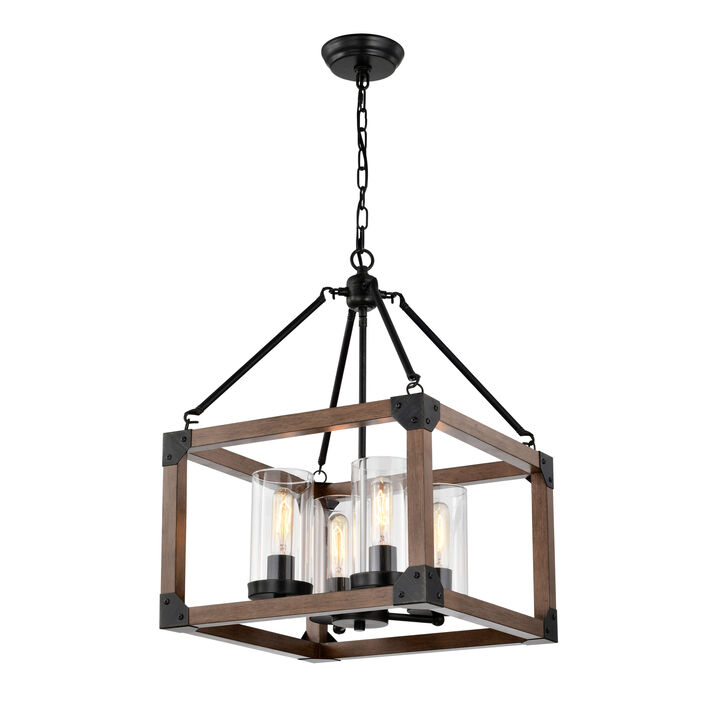 Viviana 4-light Antique Black Wooden Cage Glass Cylinders Cage Pendant