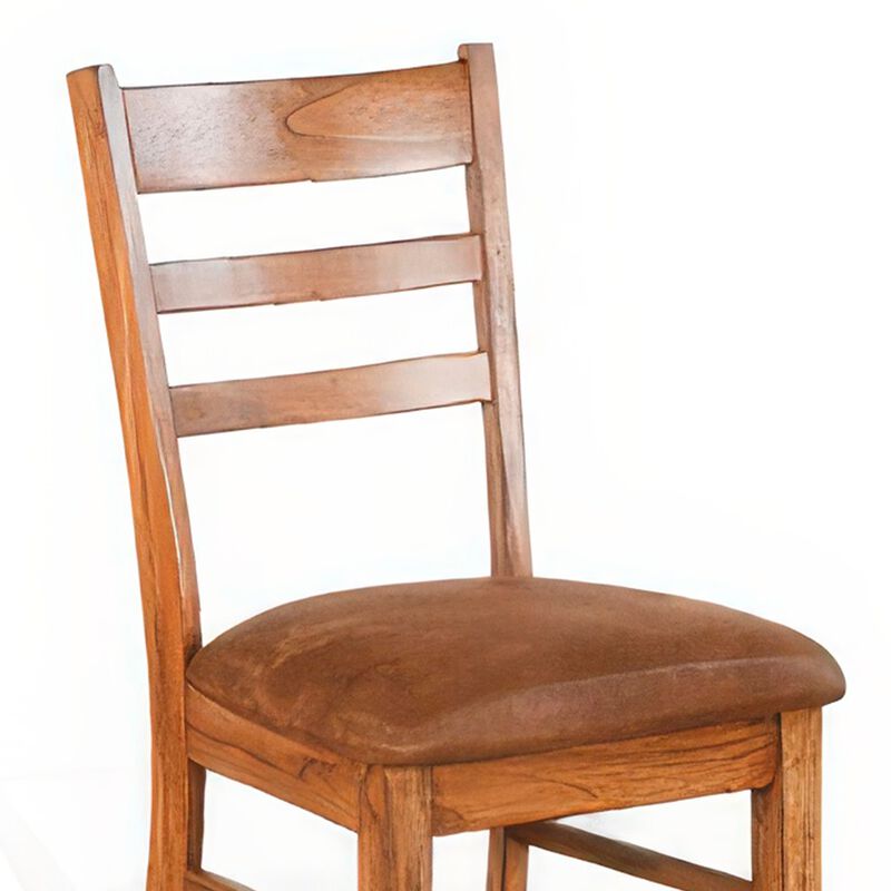 Marv Dining Chair Set of 2, Ladderback, Saddle Seat, Light Brown Wood - Benzara