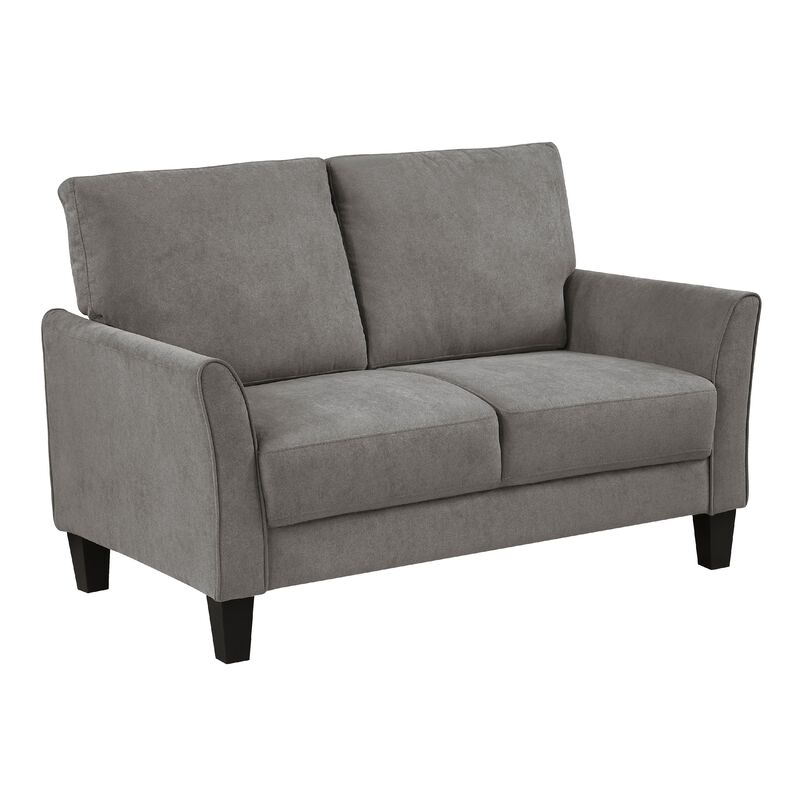 Xumo Loveseat, Taupe Gray Fabric, 56 Inch, Black Tapered Wood Legs - Benzara