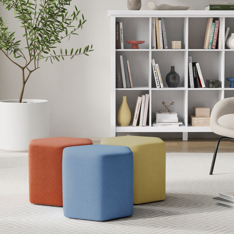 Brock 16 inch Wide Contemporary Irregular Footstool in Wedgewood Blue Linen Look Fabric, Fully Assembled image number 1