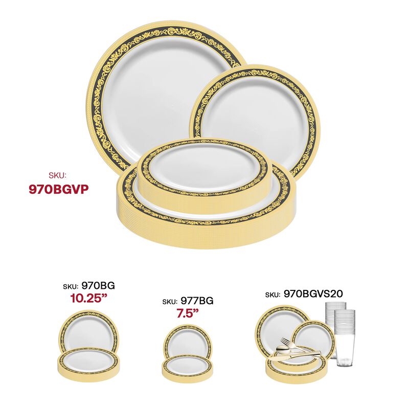 White with Black and Gold Royal Rim Plastic Dinnerware Value Set (40 Sets) image number 6