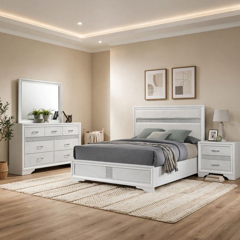 Vino 4pc Twin Bedroom Set, White Upholstery, Glitter Striped Dresser image number 6