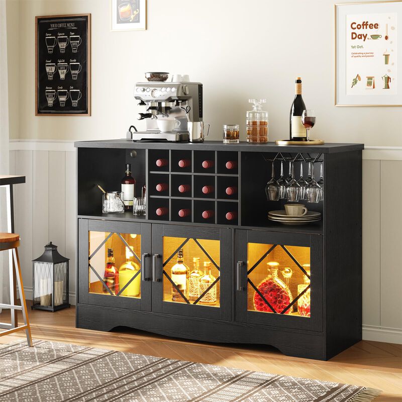 Home Bar Cabinet with LED Lighting, Wine Rack and Power Outlet-Black image number 1