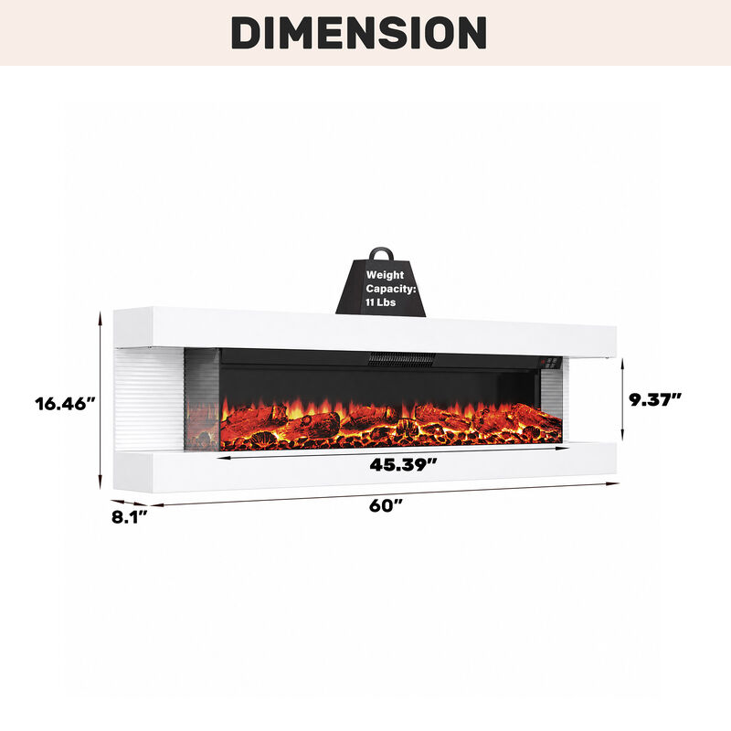 Mondawe Stylish Electric Fireplace Integrated 3-Sided Fireplace with 60" Suspended Light Mantel with Remote Control, White image number 9
