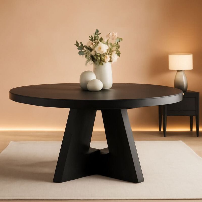 ShipItFurniture 47-inch Round Wood Dining Table, Farmhouse Patchwork Top, Black Cross Base image number 1