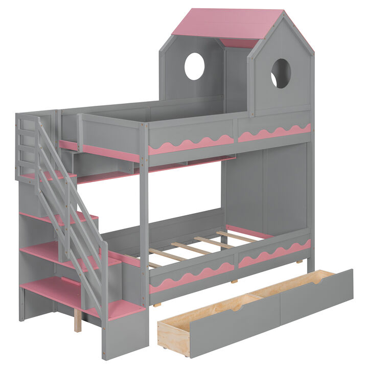 Merax Twin Size Castle Bunk Bed with Wave Texture, LED Lights & Storage Staircase