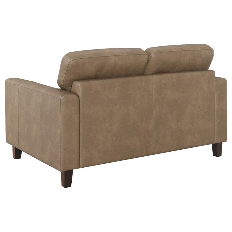 Secy Loveseat, Brown Faux Leather, Track Arms, 58 Inch Pine Wood Frame image number 3
