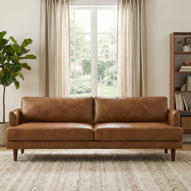 Livingston 90 inch Wide Mid-Century Modern Sofa in Caramel Brown Top Grain Genuine Leather image number 1