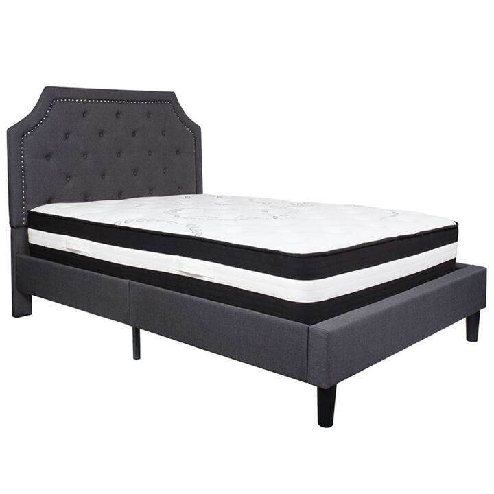 Brighton Full Size Tufted Upholstered Platform Bed in Dark Gray Fabric with Pocket Spring Mattress