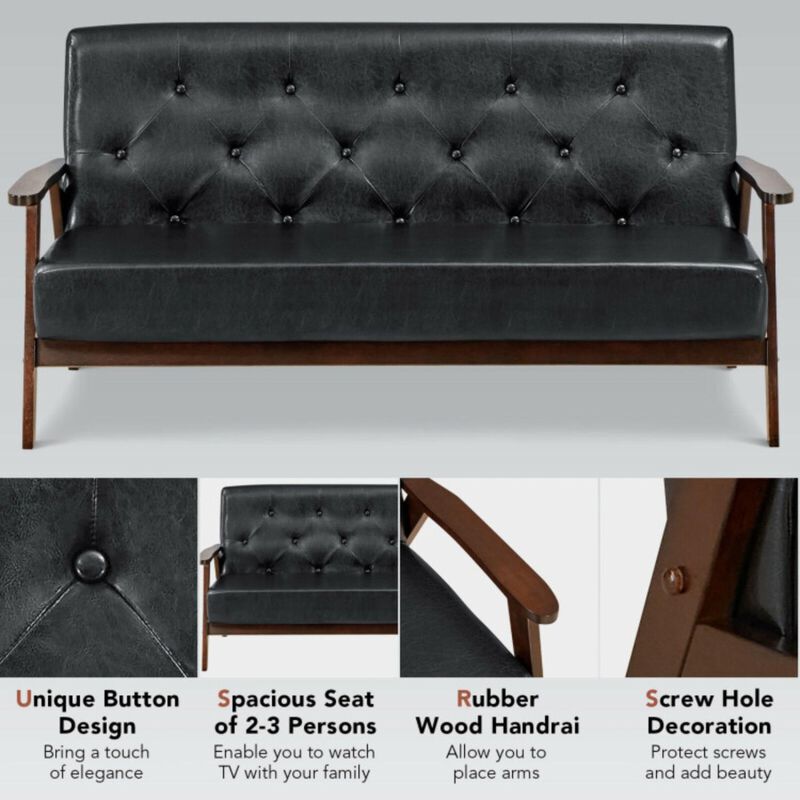 Hivvago 3-Seater PU Leather Upholstered Sofa Couch with Rubber Wood Legs