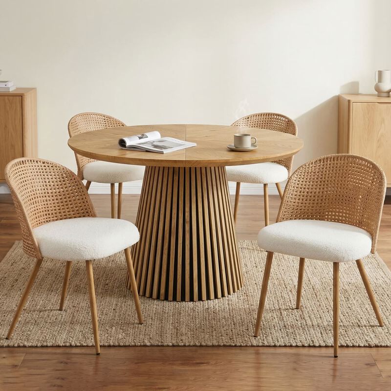 4 Pack Rattan Dining Chairs PE Rattan Woven Back Dining Chairs with Teddy Upholstered Cushions Metal Legs Boho Kitchen Dining Chairs image number 3