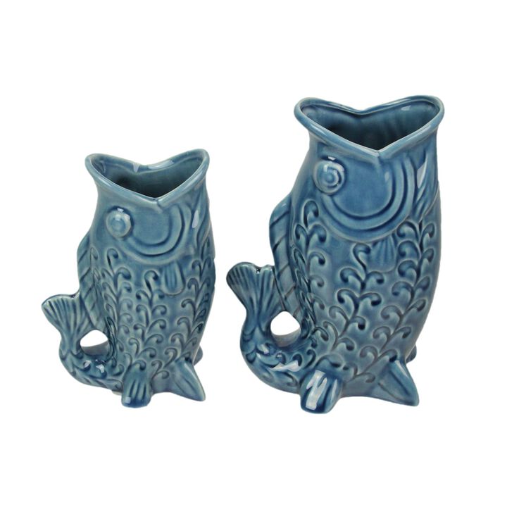 Blue Fish Decorative Vases Set Of 2 Glossy Ceramic Coastal Tabletop