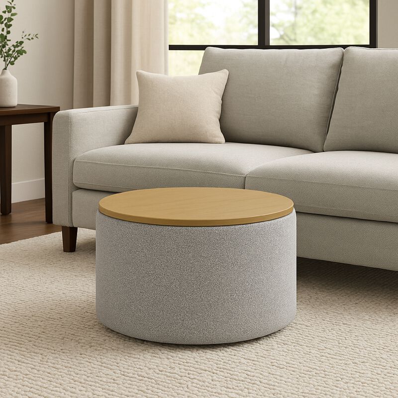 Mesy Storage Ottoman, 30 Inch Round Lift Tray Top, Light Gray Boucle - Benzara