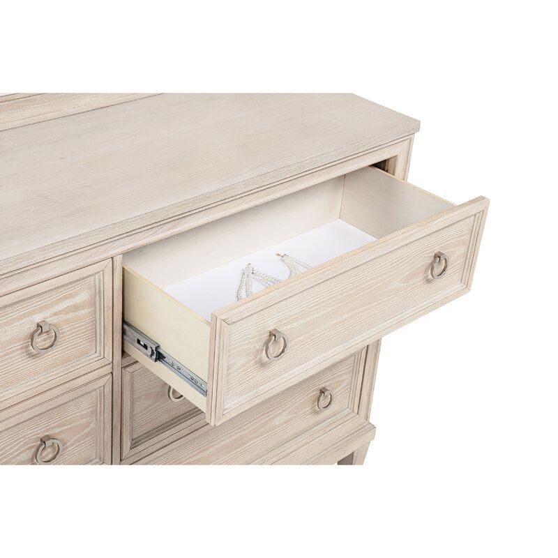 Kylie Wide Dresser with 6 Drawers, Stepped Trim, Washed Oak Wood image number 6