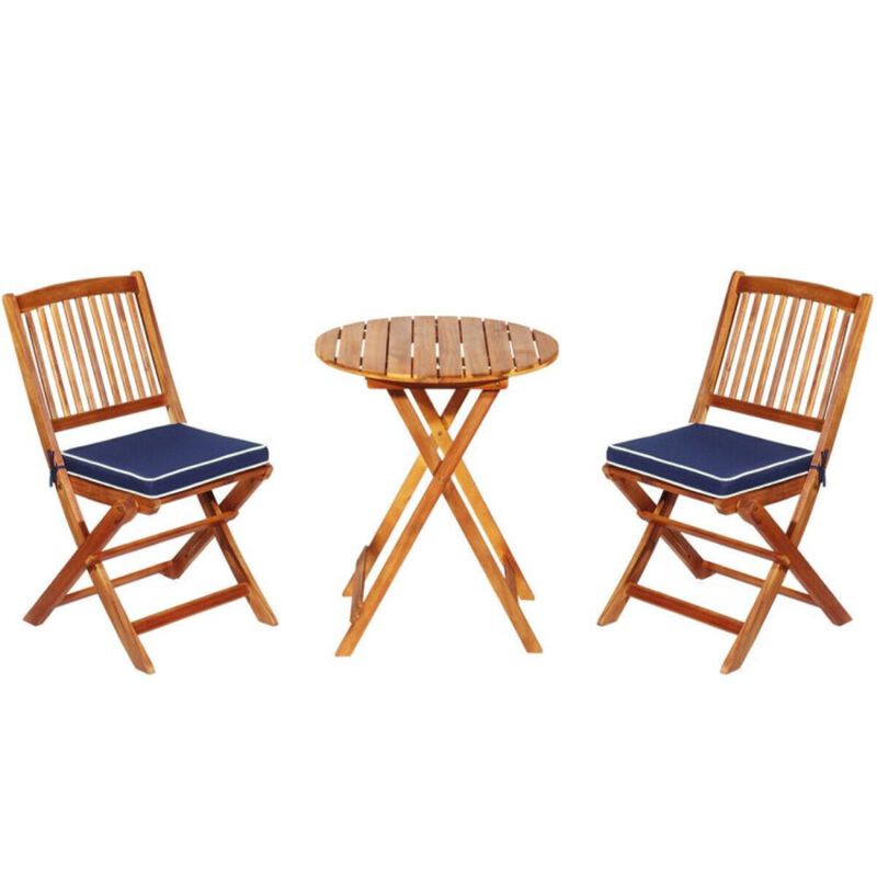 Hivvago 3 Pieces Patio Folding Bistro Set with Padded Cushion and Round Coffee Table-Navy