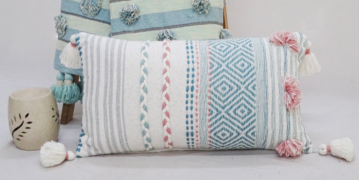 14"x24" Striped Throw Pillow with Braid and Tassels