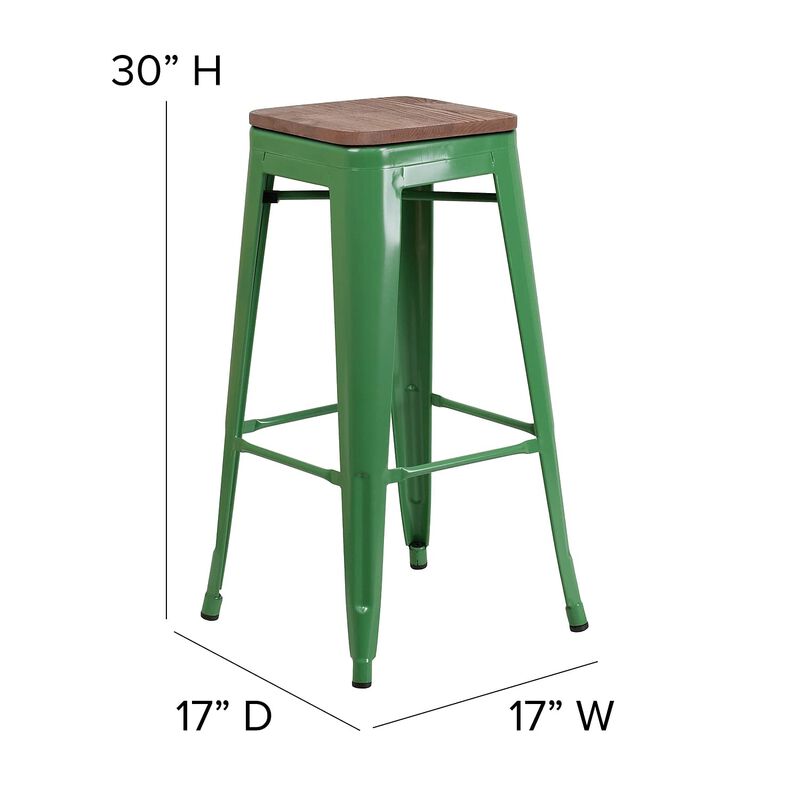 Flash Furniture Lily 30" High Backless Green Metal Barstool with Square Wood Seat