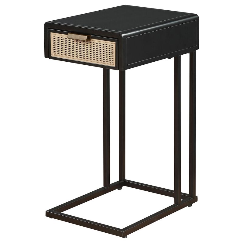 Lanie Side C Table, 1 Drawer, Sleek Black Metal Frame, Faux Rattan