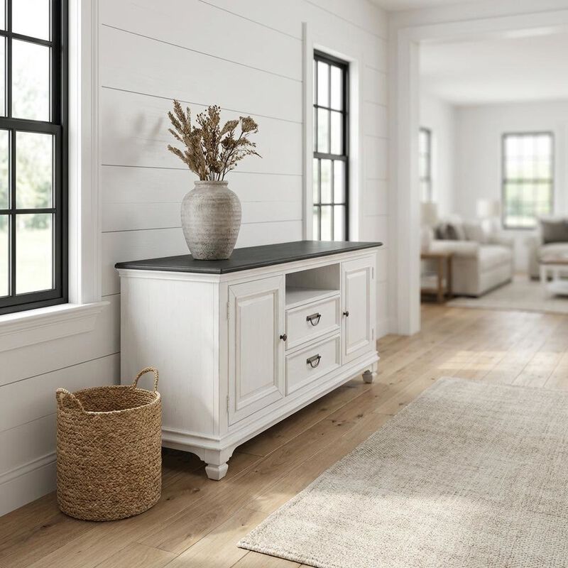 Liberty Furniture White TV console, wirebrushed finish, charcoal top, solid, 66-inch width image number 1