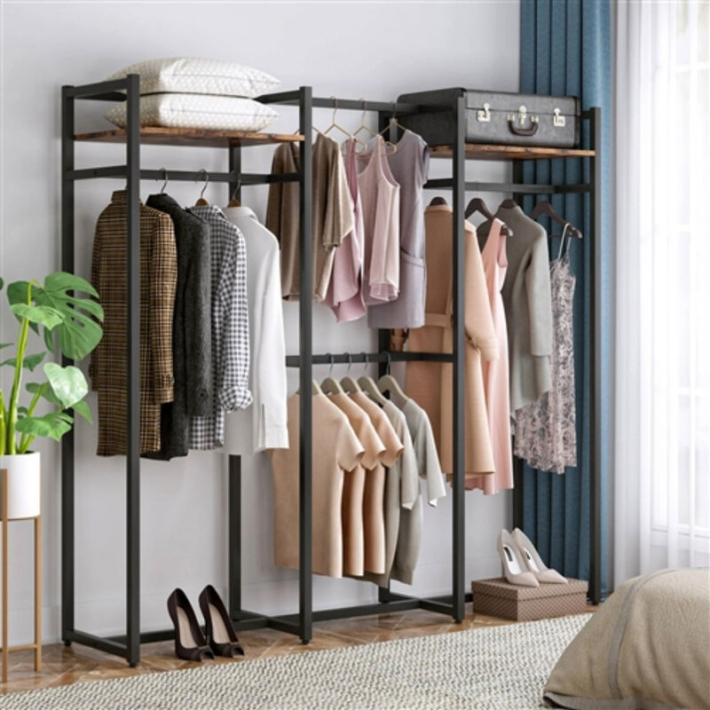 Metal Garment Rack with 4 Rods & 2 Wood Shelves Durable Clothing Storage Organizer