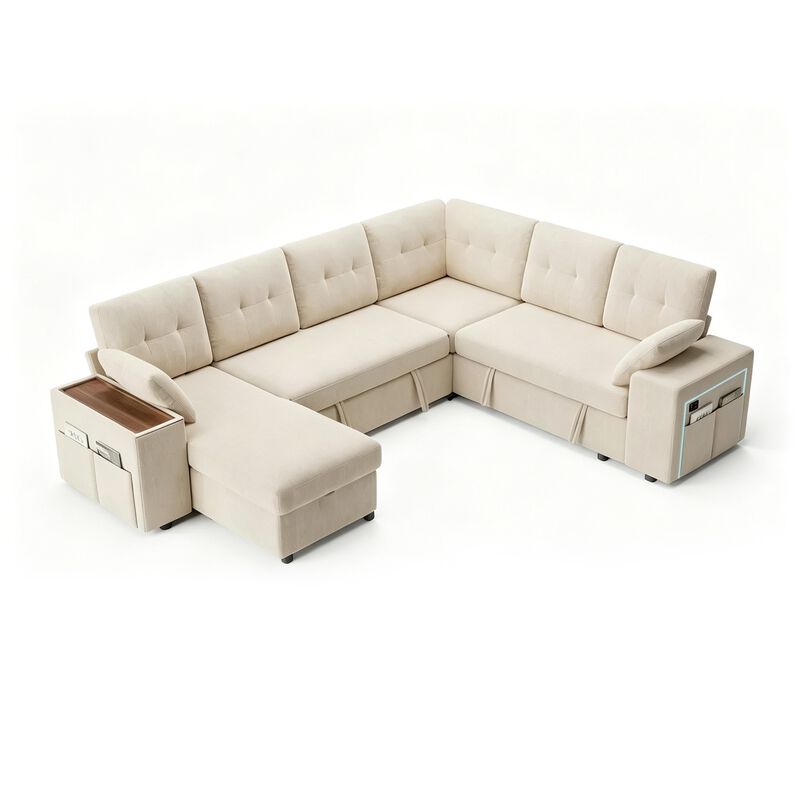 Vipbear 112" U-Shaped 7-Seat Modular Chenille Sectional Sleeper Sofa, Pull Out Bed Reclining Couch image number 0