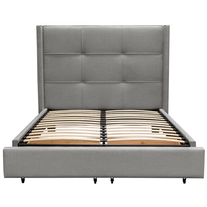 Bea Queen Size Bed with Storage Footboard, Gray Faux Linen Upholstery