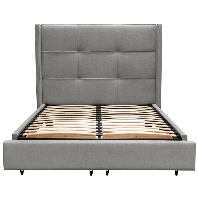 Bea Queen Size Bed with Storage Footboard, Gray Faux Linen Upholstery