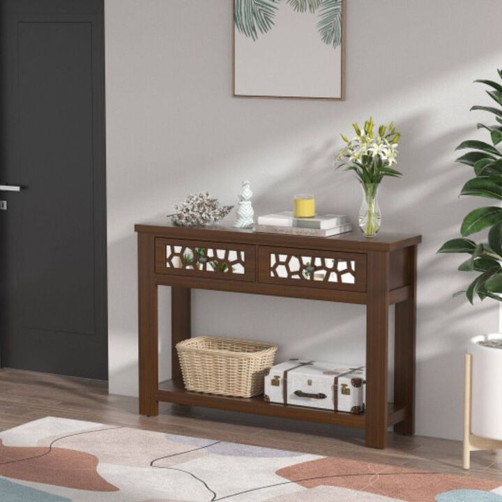 2-Tier Console Table with Drawers and Open Storage Shelf