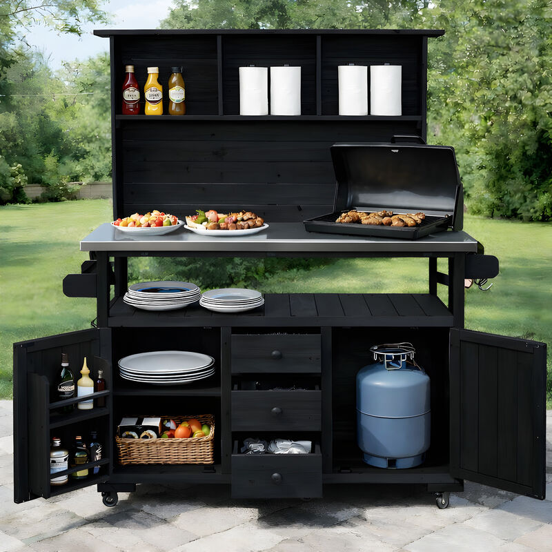 Whisen 65" Solid Wood Garden Potting Table with 3 Drawers & Doors, Stainless Top image number 2
