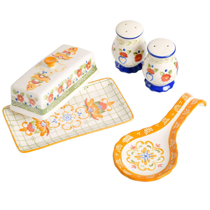 Laurie Gates Tierra 4 Piece Hand Painted Ceramic Tableware Accessory Set