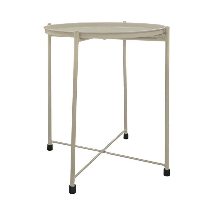 18 Inch Modern Side End Table, Round Metal Tray Top, Foldable Legs, Beige