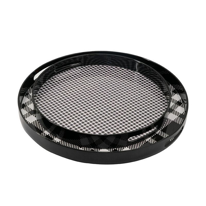 2 Piece Round Decorative Tray, Plastic Frame, Black and White Plaid Print - Benzara