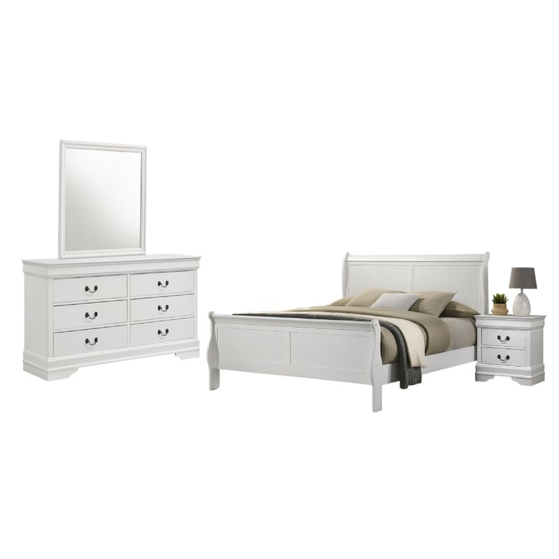 Nim 4pc Queen Bedroom Set, Sleigh Panel Design, White Okume Veneer