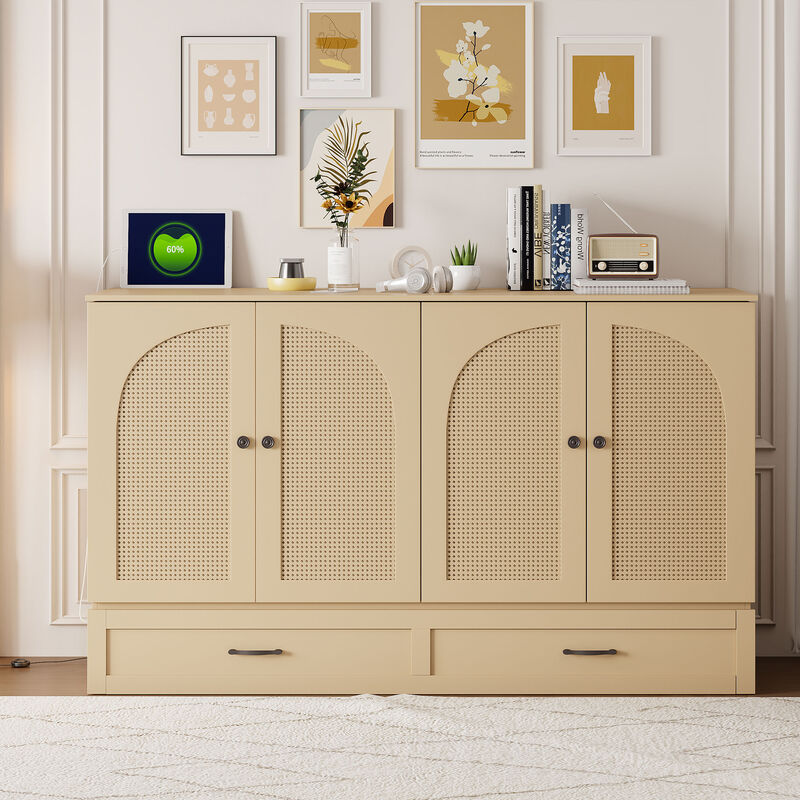 Whisen Modern Design Queen Size Murphy Bed, Folded into a Cabinet with Large Drawers