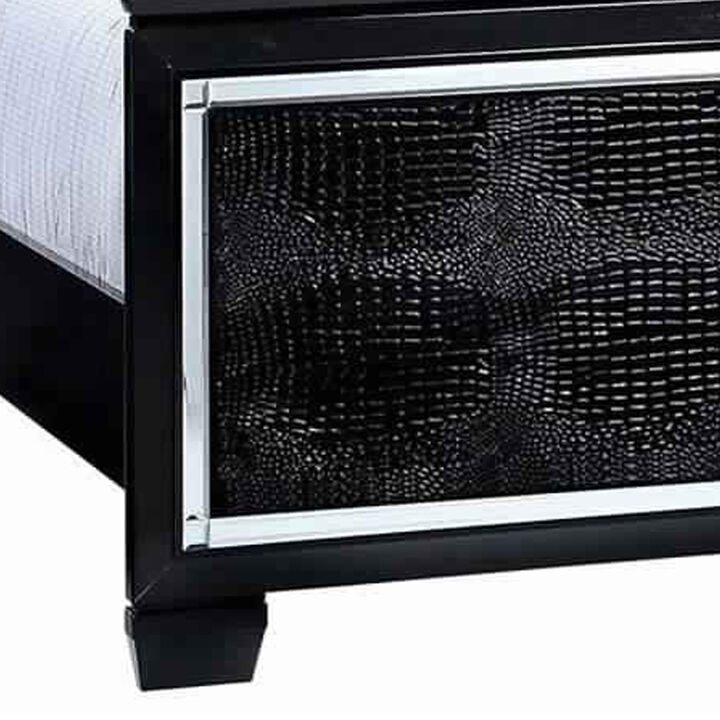 Textured California King Size Bed with Silver Trim Accents, Black - Benzara