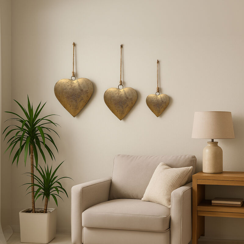 Myri Decorative Metal Heart Wall Decor Set of 3, Antique Gold Iron with Jute Hanging Rope, 12, 9.5, 7 Inches