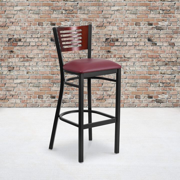 Flash Furniture HERCULES Series Black Slat Back Metal Restaurant Barstool - Mahogany Wood Back, Burgundy Vinyl Seat