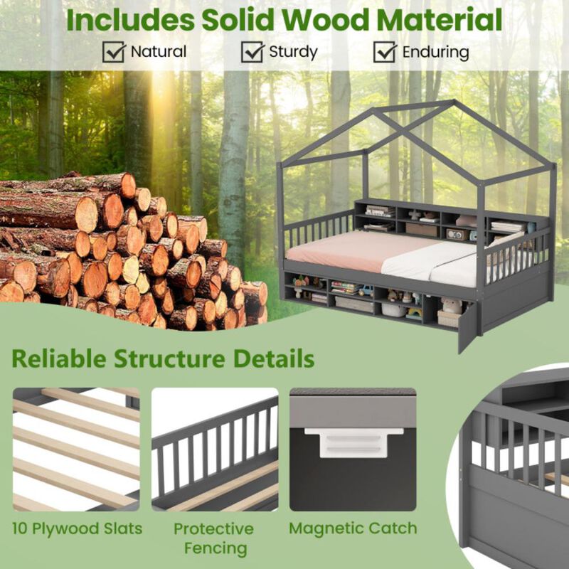 Hivvago Twin Size House Bed with Roof with 14 Storage Cubes and Enclosed Cabinet