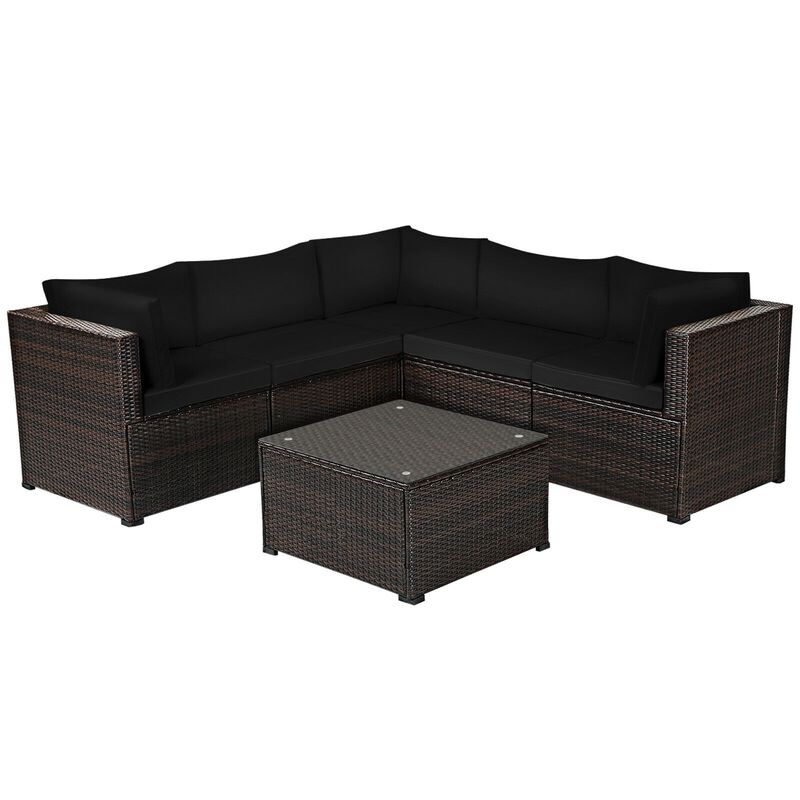 6 Pieces Patio Rattan Furniture Set Sectional Cushioned Sofa Deck