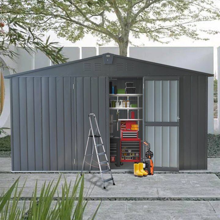 CLIHOME 11x9Ft Patio Galvanized Steel Frame Storage Shed,Garden Shed Metal Utility Tool Storage Room with Double Lockable Doors