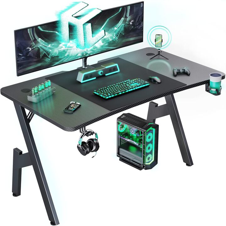 HLDIRECT 55 Inch Gaming Desk with Carbon Fibre Surface Large Computer Desk Gaming Table Ergonomic Pc Gaming Workstation Home Off