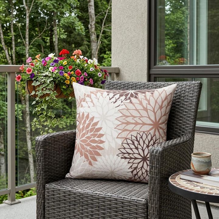 HomeRoots 20" Brown Beige and Ivory Floral Indoor Outdoor Throw Pillow
