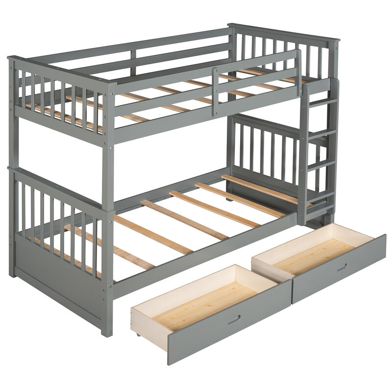 Whisen Twin-Over-Twin Bunk Bed with Ladders and Two Storage Drawers- Gray