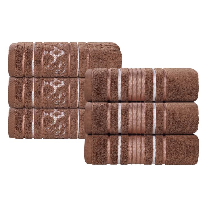6 Piece Zero Twist Cotton Hand Towel Set, Solid and Floral Patterns